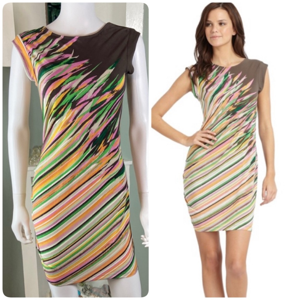 BCBG Max Azria Rubie Asymmetrical Abstract Mini Dress Bodycon Sleeveless Sheath